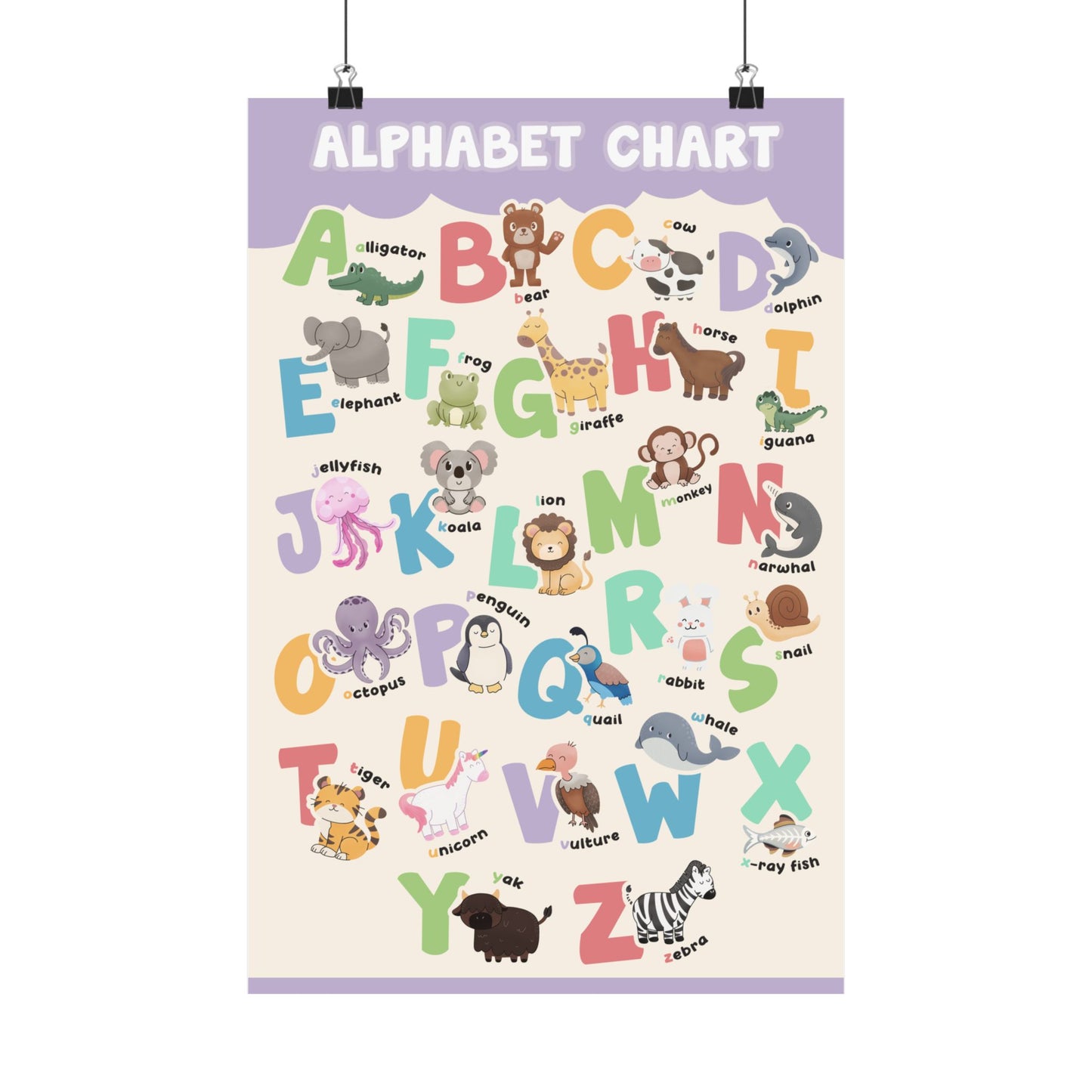 Colorful and Fun Animal Alphabet Poster - Purple
