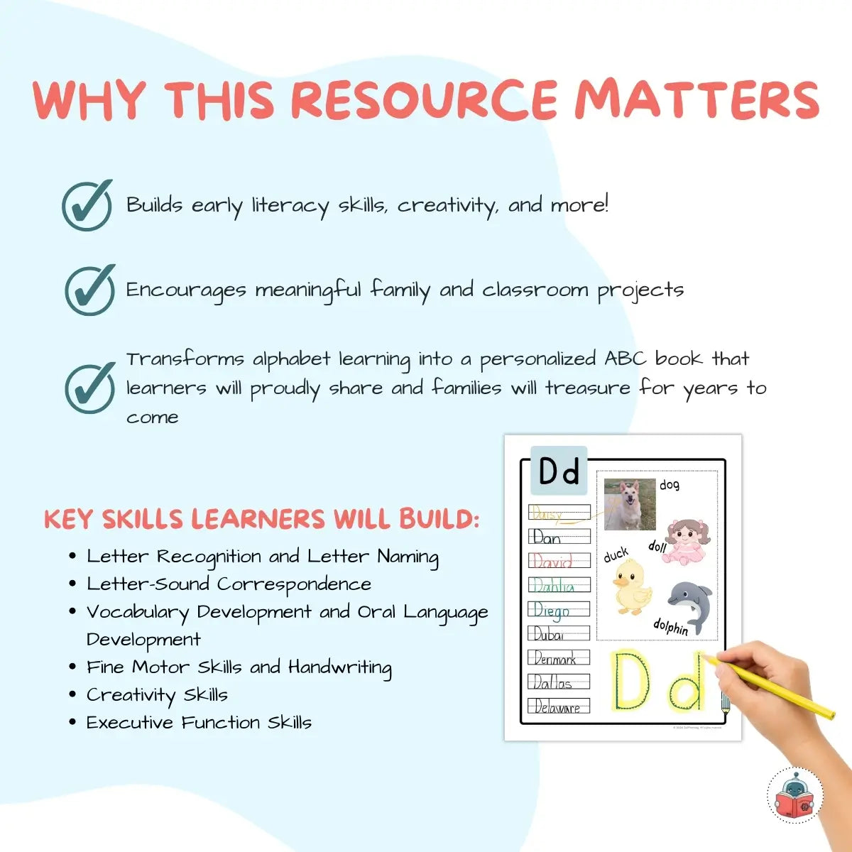 Educational resource for early literacy skills with a hand holding a yellow pencil and a personalized ABC book.