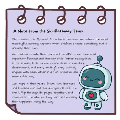 Note from the SkillPathway Team with a cartoon robot named Robbie on a purple background