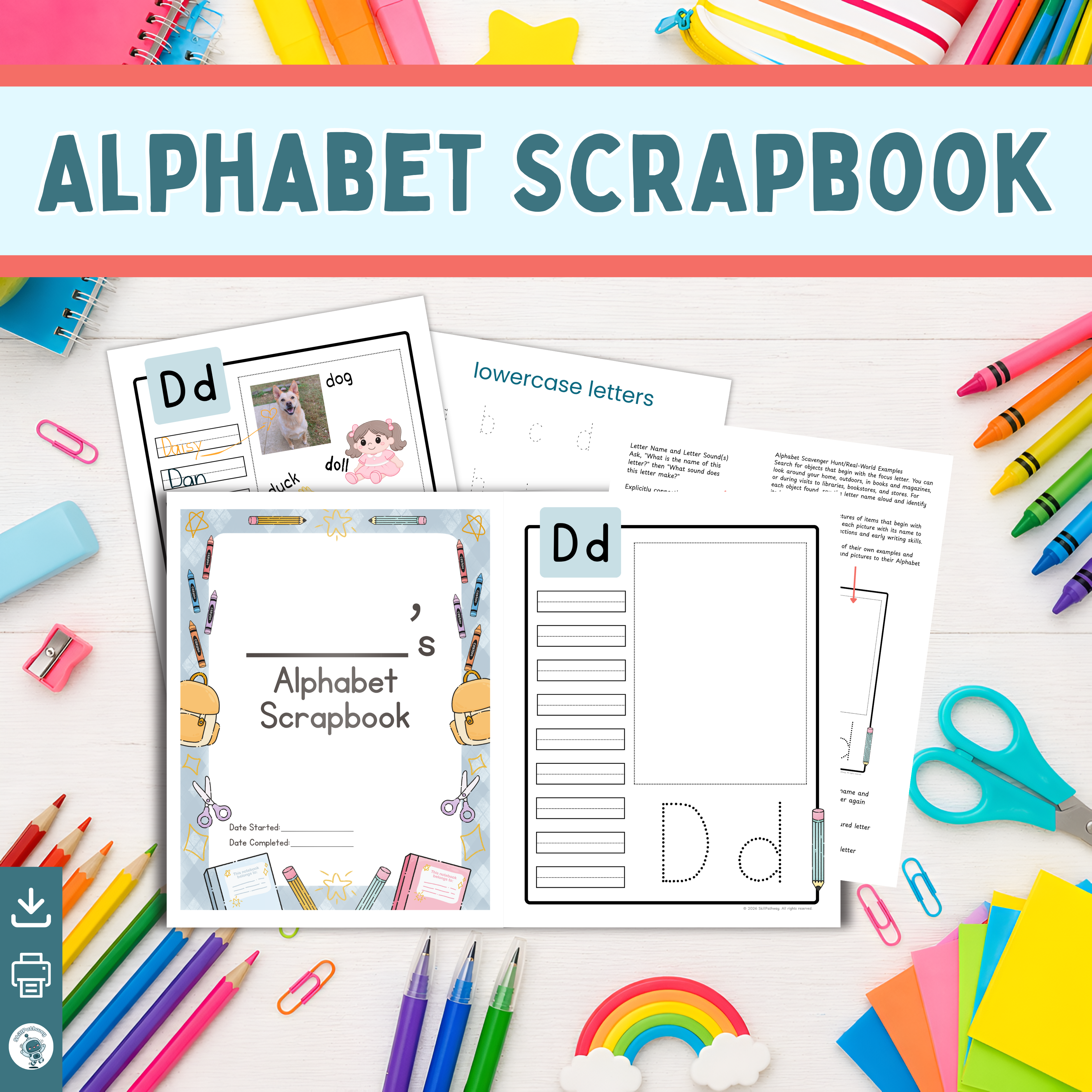 Alphabet scrapbook with educational materials on a desk with stationery items.
