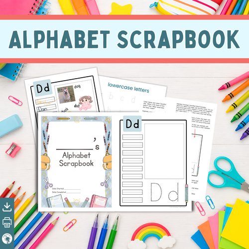 Alphabet scrapbook with educational materials on a desk with stationery items.