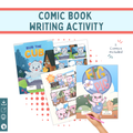 Comic book writing activity set with 'Bub the Cub' and 'Big the Pig' comics on a light blue background.