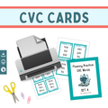 CVC cards with a printer, scissors, and paper clips on a white background