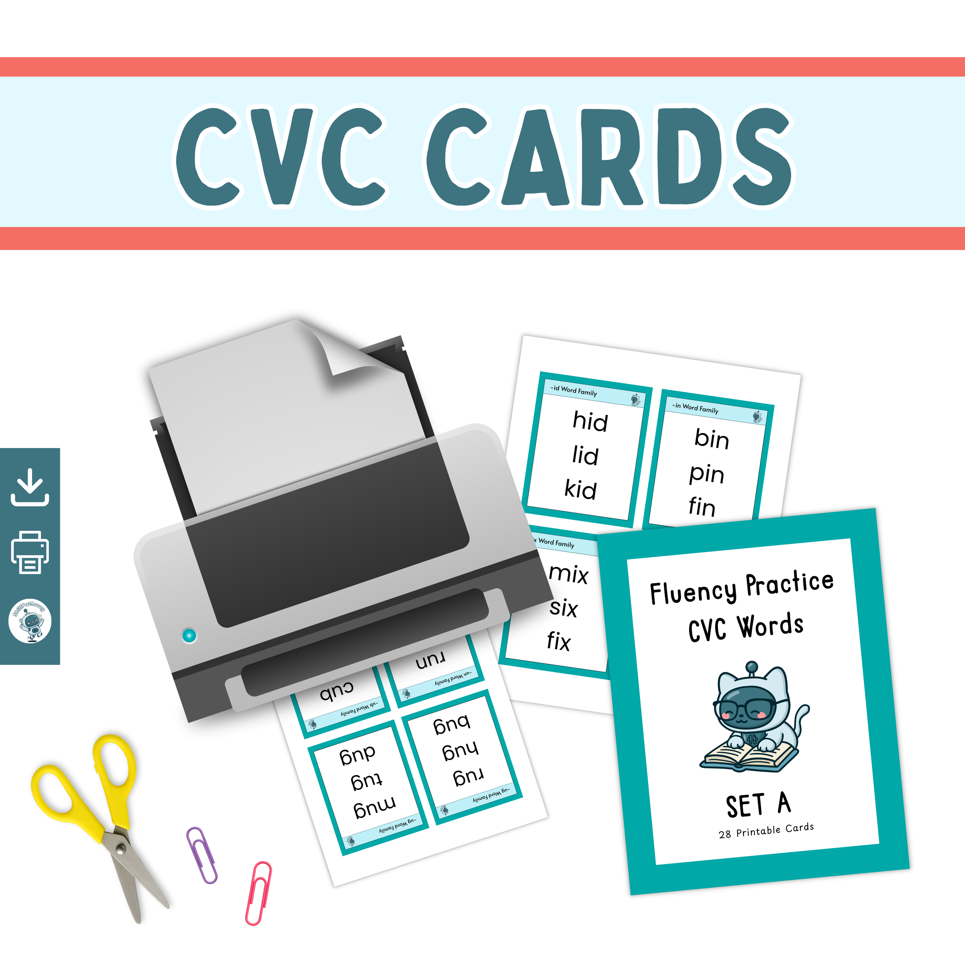 CVC cards with a printer, scissors, and paper clips on a white background