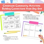 Promotional graphic for a classroom activity bundle titled 'Classroom Community Activities: Building Connections from Day One,' showing sample printable pages, pencils, and a hand writing on a worksheet. Text outlines included materials such as getting-to-know-you pages, classmate interview pages, and bonus teacher reflection pages.