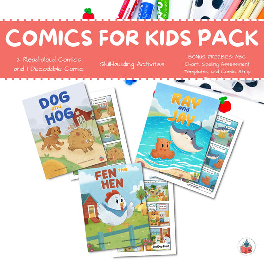 A promotional collage for a 'COMICS FOR KIDS PACK' showing several colorful children's comic book covers and activity sheets arranged on a white background with a coral title banner at the top. Visible text includes 'DOG WITH A HOG,' 'RAY AND JAY,' 'FEN THE HEN,' and bonus freebies such as an ABC chart, spelling assessment, and comic strip.