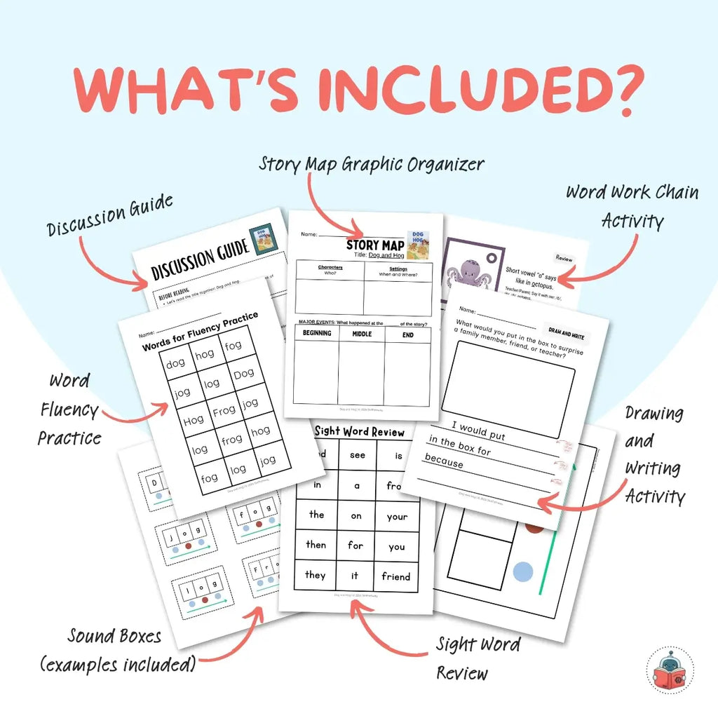 Educational worksheets with various activities and text labels on a white background