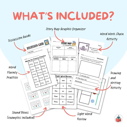 Educational worksheets with various activities and text labels on a white background