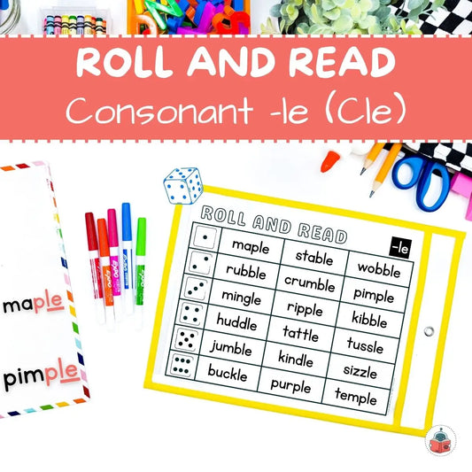 Educational game for learning consonant -le spelling with dice and word cards.