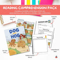 Reading comprehension pack for 'Dog and Hog' with comic, discussion guide, and activity sheets on a white background.