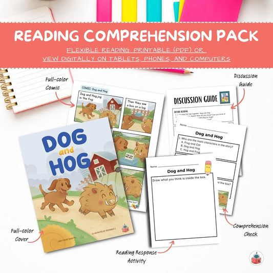 Reading comprehension pack for 'Dog and Hog' with comic, discussion guide, and activity sheets on a white background.