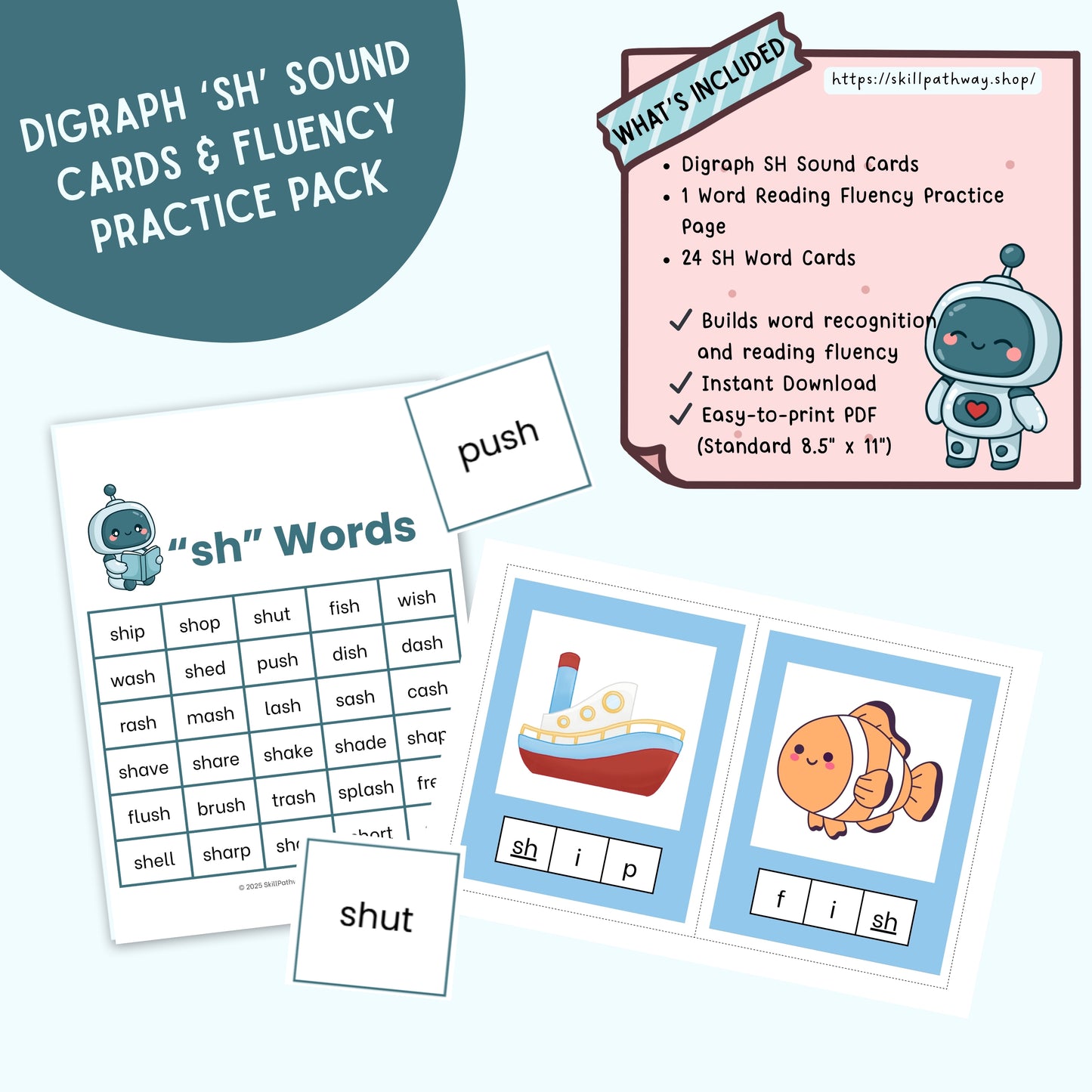 Digraph sh sound cards and fluency practice pack