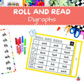 Educational game for learning digraphs with dice and cards on a white background.