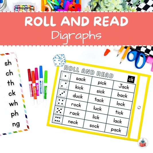 Educational game for learning digraphs with dice and cards on a white background.