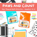 Educational materials with dog-themed math activities for numbers to 10, including colorful cards and a digital device.