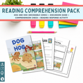 Reading comprehension pack with 'Dog and Hog' decodable comic, discussion guide, and activities on a white background.