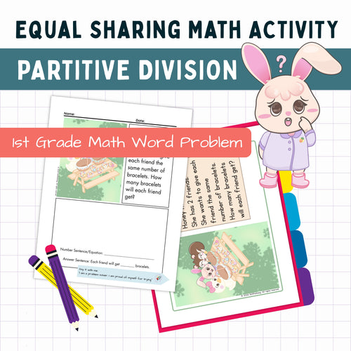 Math activity for 1st grade with a cartoon rabbit and word problems on a grid background