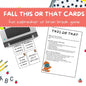 Printable fall-themed 'This or That' cards game shown on a white background with a coral title banner. The layout includes a printer illustration, sample cards, an activity sheet, and decorative school-themed props like pencils and apples.