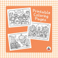 Promotional graphic for printable coloring pages showing three black-and-white cartoon scenes on an orange background with a gingham border. Text reads 'Printable Coloring Pages,' and a small logo appears in the bottom right corner.