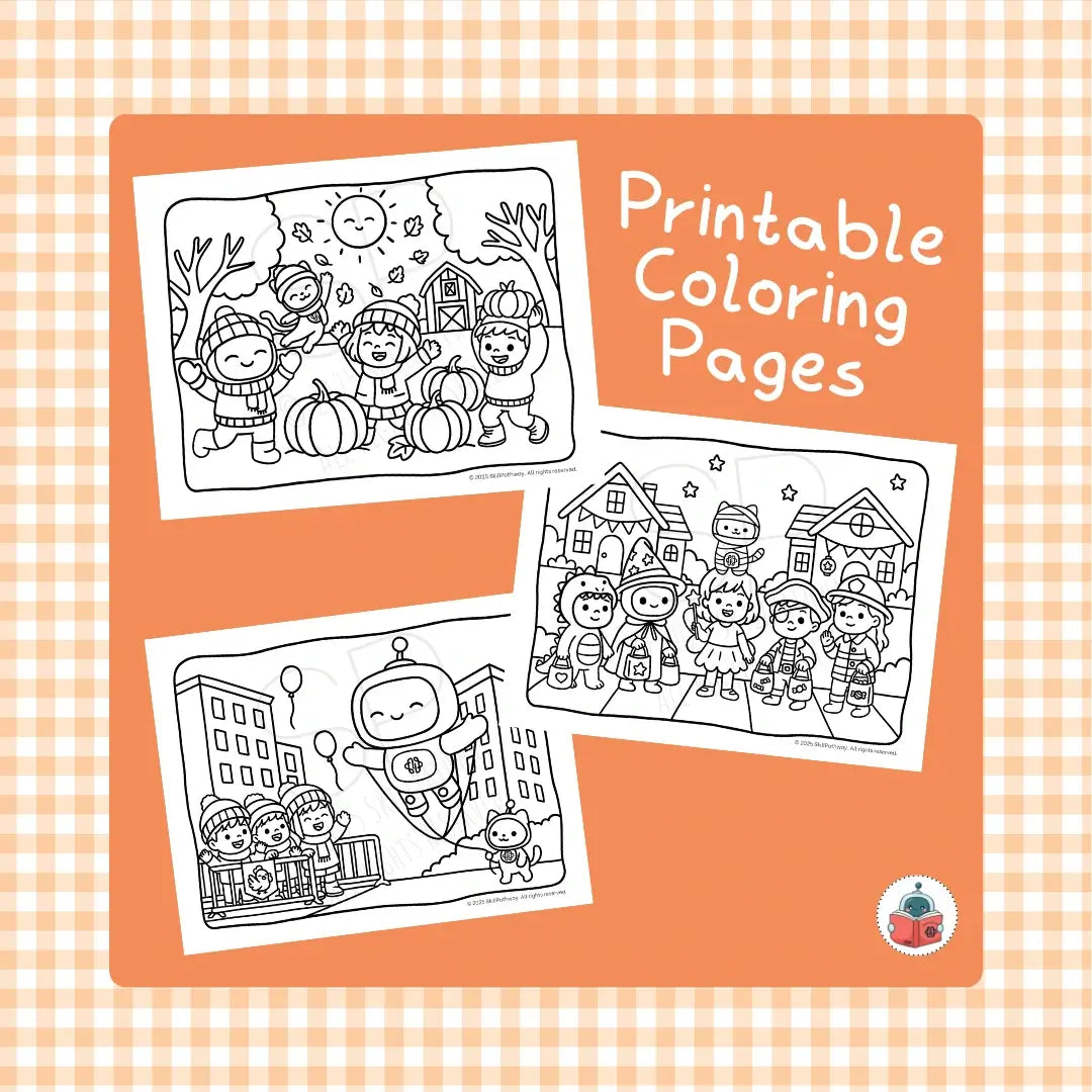 Promotional graphic for printable coloring pages showing three black-and-white cartoon scenes on an orange background with a gingham border. Text reads 'Printable Coloring Pages,' and a small logo appears in the bottom right corner.