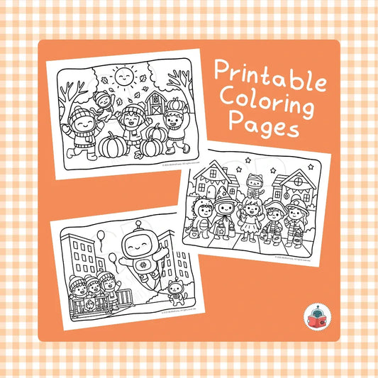 Promotional graphic for printable coloring pages showing three black-and-white cartoon scenes on an orange background with a gingham border. Text reads 'Printable Coloring Pages,' and a small logo appears in the bottom right corner.