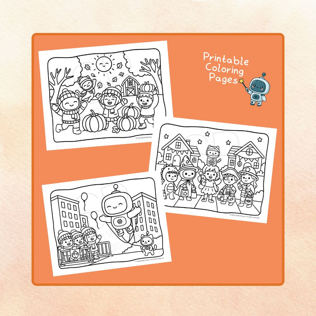Three printable coloring pages with children and a robot on an orange background.