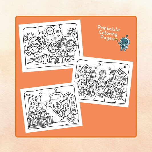 Three printable coloring pages with children and a robot on an orange background.