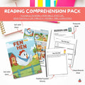 Reading comprehension pack for 'Fen the Hen' with comic, discussion guide, and activities on a white background.