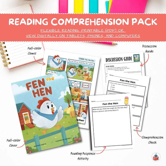 Reading comprehension pack for 'Fen the Hen' with comic, discussion guide, and activities on a white background.