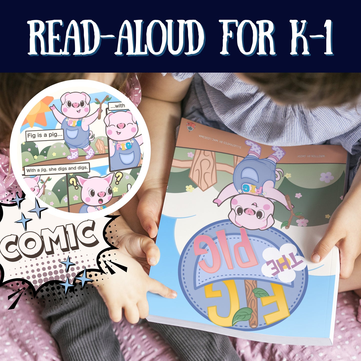 Children reading a comic book titled 'Fig is a pig' with colorful illustrations.