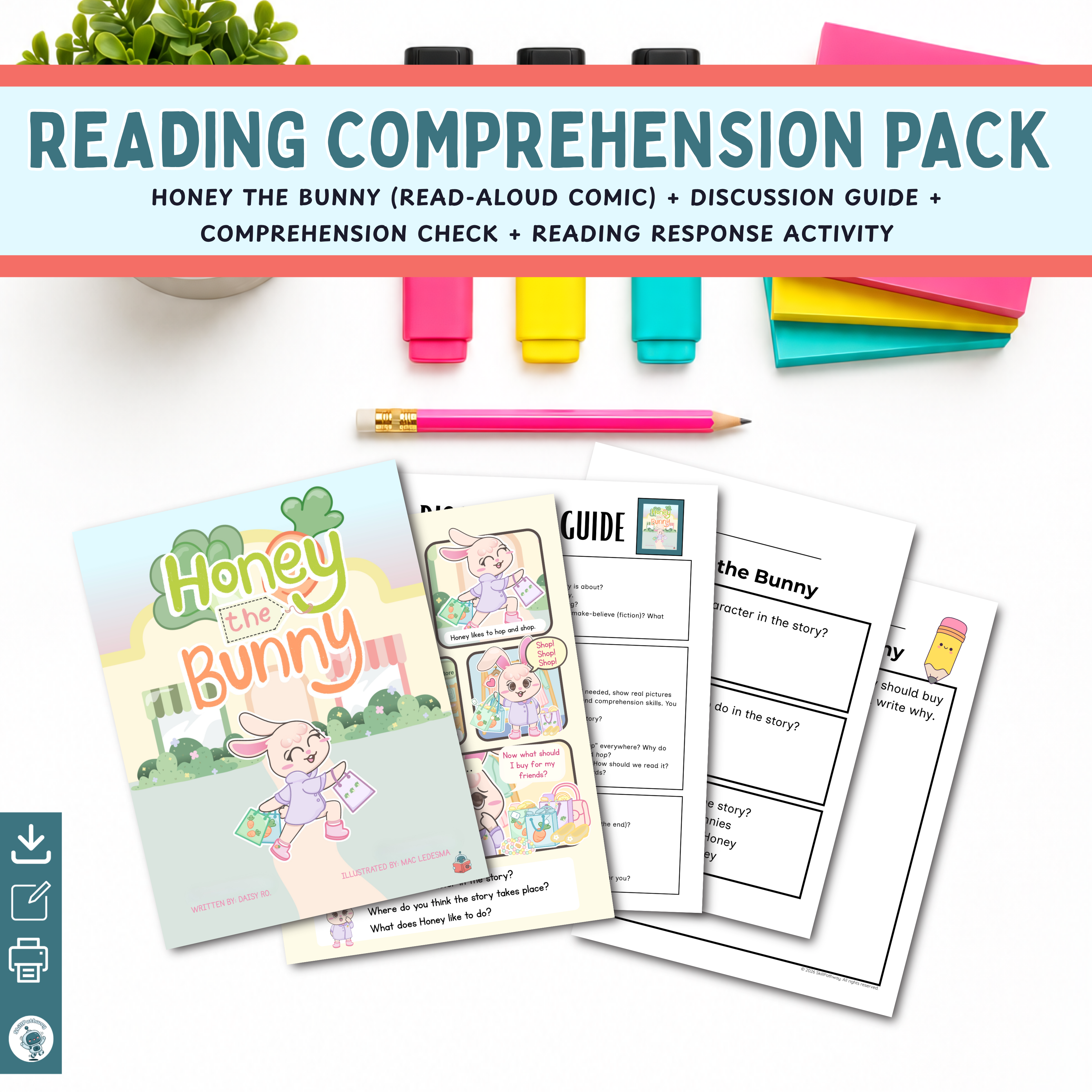 Reading comprehension pack for 'Honey the Bunny' with comic, discussion guide, and activities on a white background.