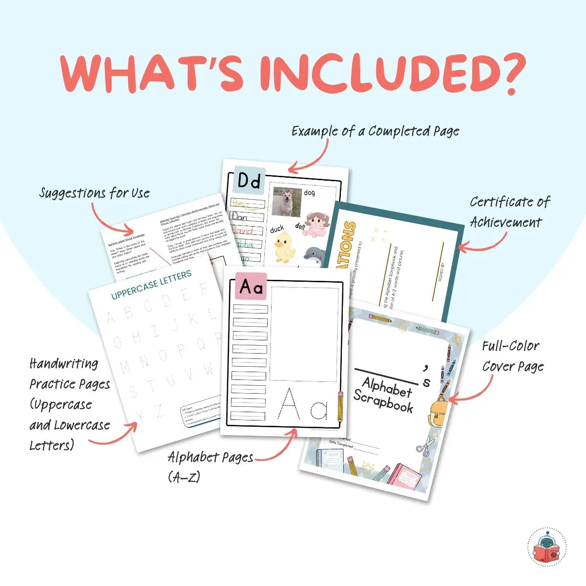 Educational materials including handwriting practice pages, alphabet pages, and a certificate of achievement on a light blue background.