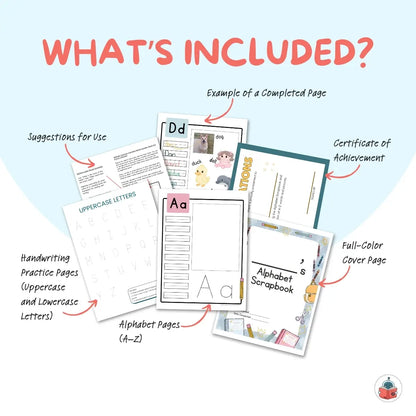 Educational materials including handwriting practice pages, alphabet pages, and a certificate of achievement on a light blue background.