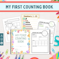 Children's educational book titled 'My First Counting Book' with pages displayed on a colorful background.