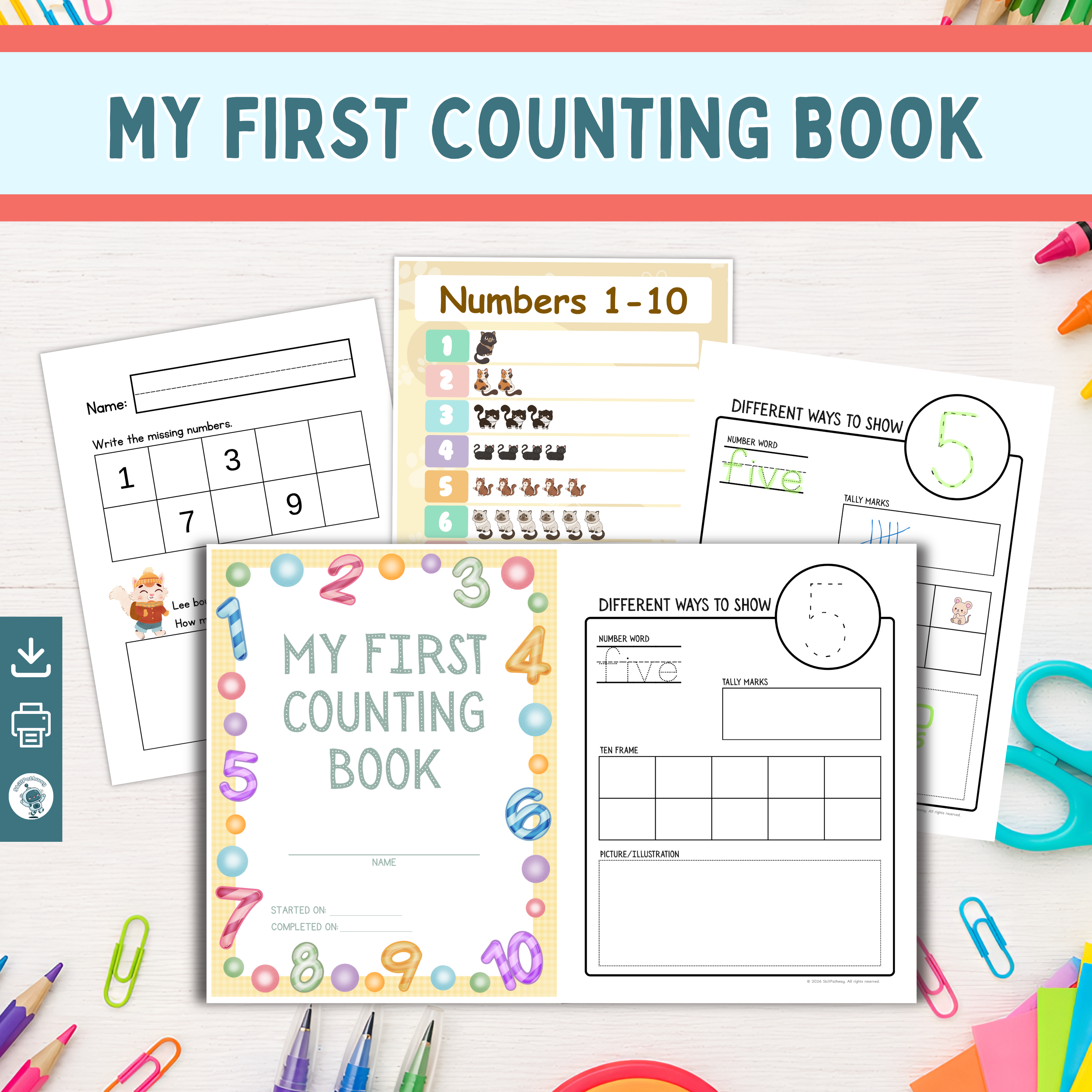 Children's educational book titled 'My First Counting Book' with pages displayed on a colorful background.