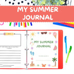 Summer journal with colorful design elements and stationery items on a white background