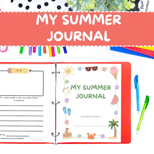 Summer journal with colorful design elements and stationery items on a white background