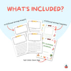 Children's summer journal with writing prompts and templates on a light blue background