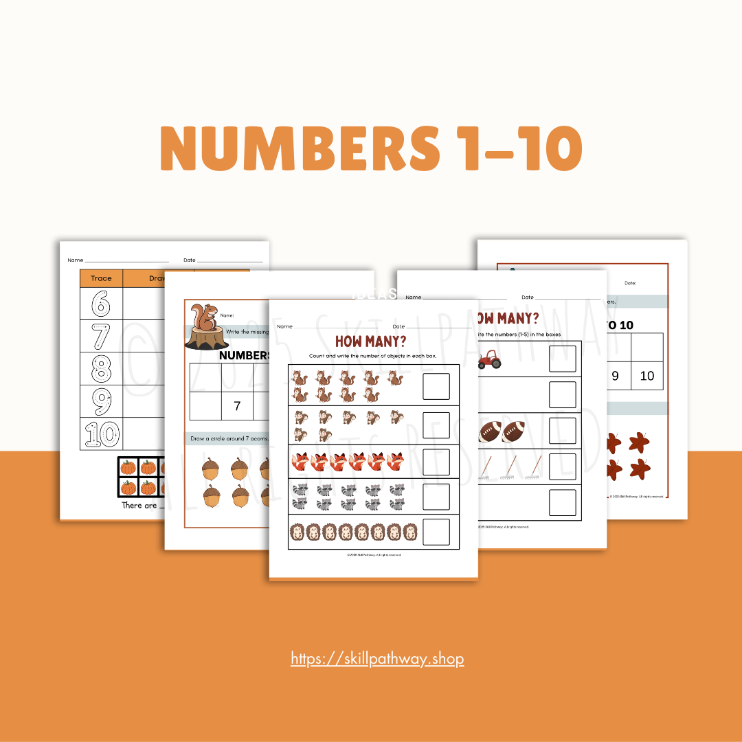 Educational worksheets for learning numbers 1-10 on a white background with an orange border.