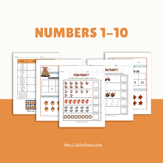 Educational worksheets for learning numbers 1-10 on a white background with an orange border.