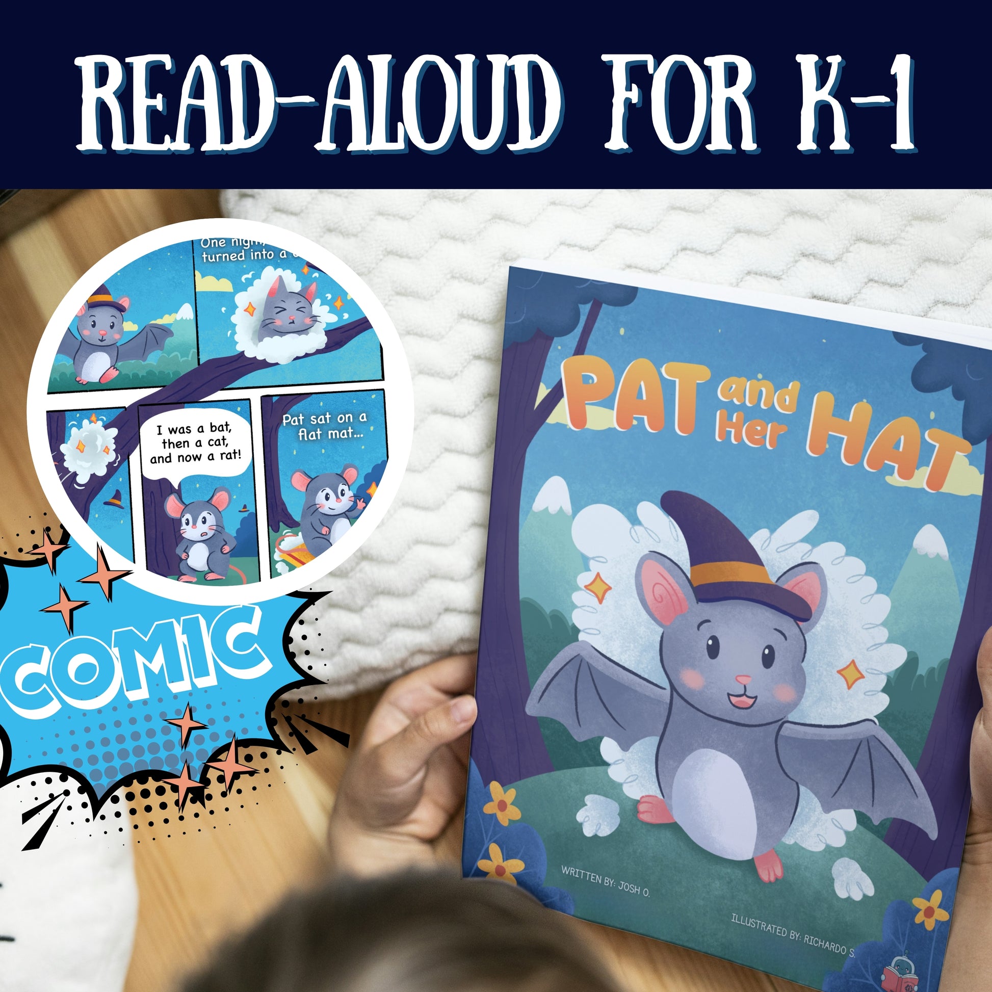 Children's book titled 'Pat and Her Hat' with a bat character, held by a child.