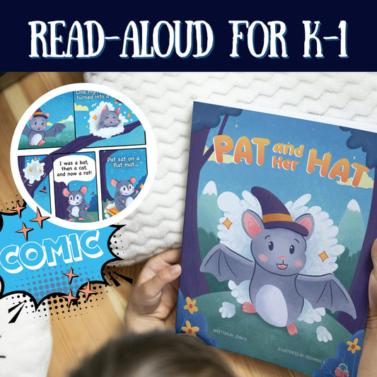 Children's book titled 'Pat and Her Hat' with a bat character, held by a child.