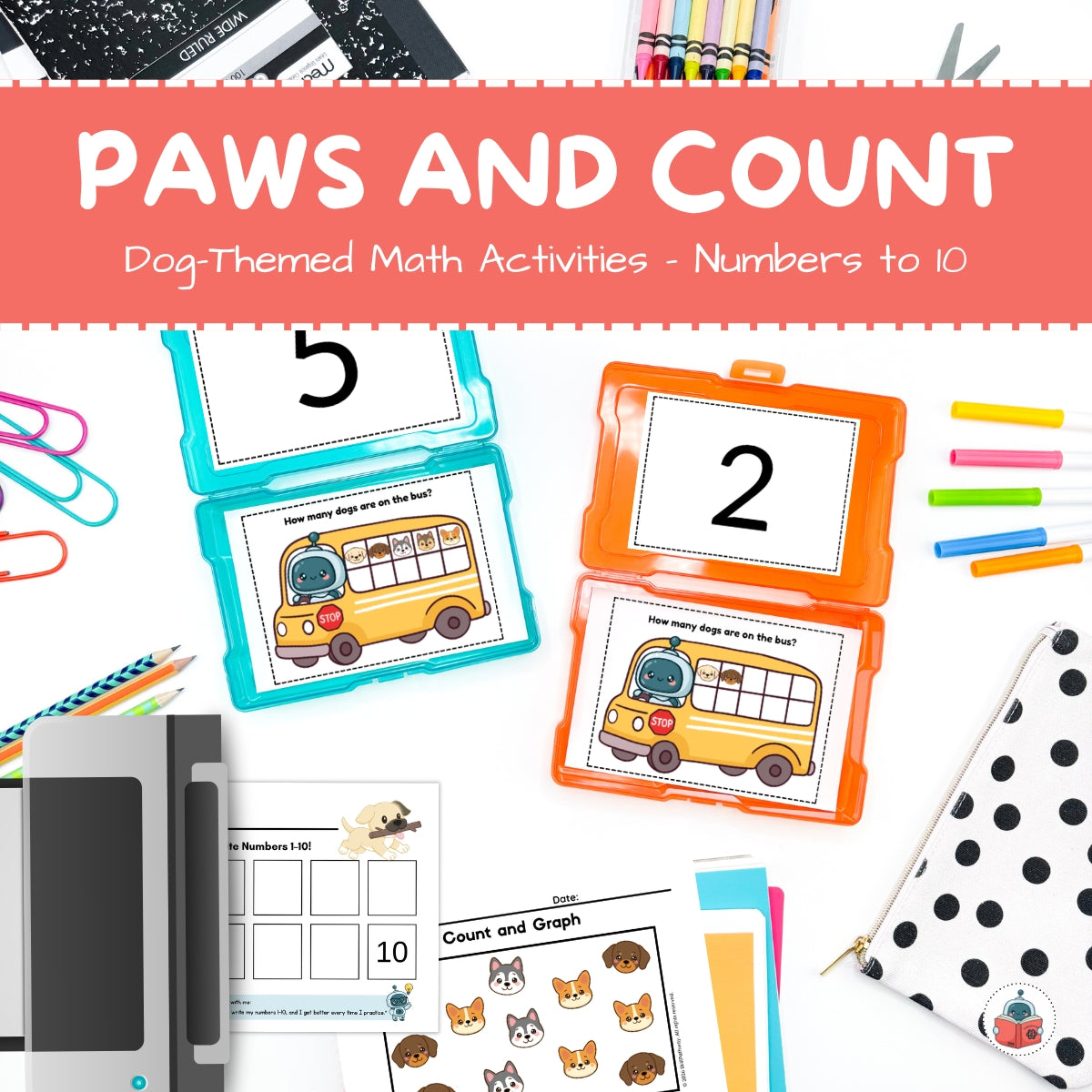 Dog-themed math activities for numbers to 10 with educational materials on a white background.
