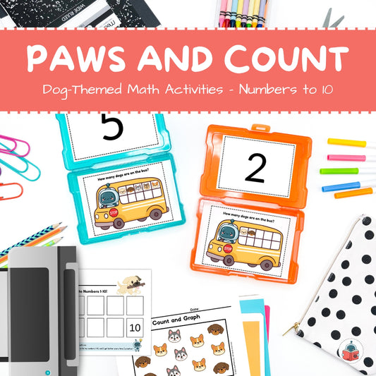 Dog-themed math activities for numbers to 10 with educational materials on a white background.