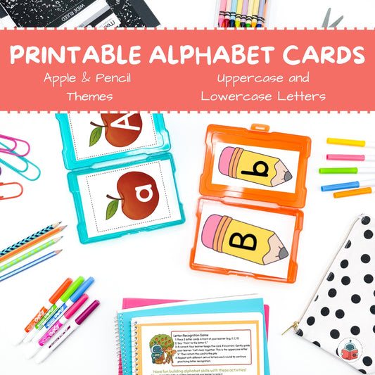 Printable alphabet cards with apple and pencil themes on a colorful background.