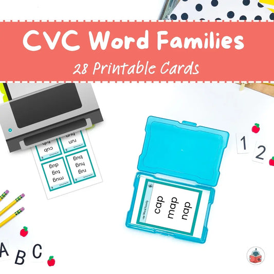 CVC Word Families printable cards with a printer and storage box on a white background