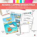 Reading comprehension pack with 'Ray and Jay' comic book, discussion guide, and activities on a colorful background.