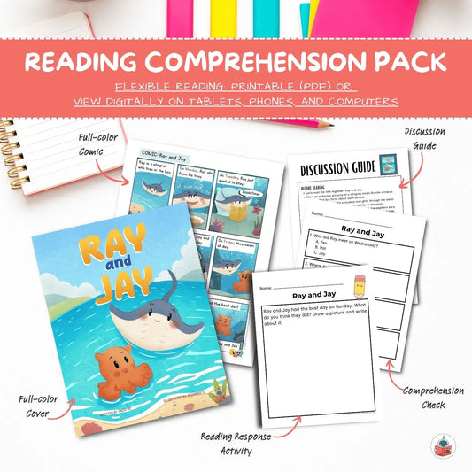Reading comprehension pack with 'Ray and Jay' comic book, discussion guide, and activities on a colorful background.