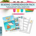 Reading comprehension pack with 'Ray and Jay' book and related materials on a white background.