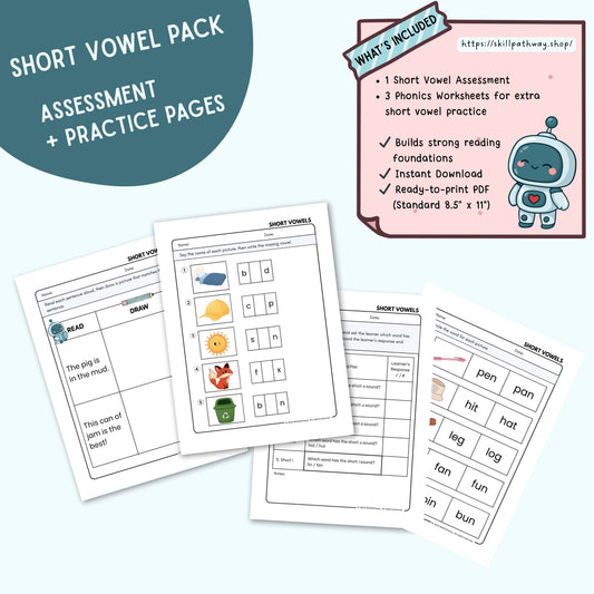 Short vowel assessment and practice pages